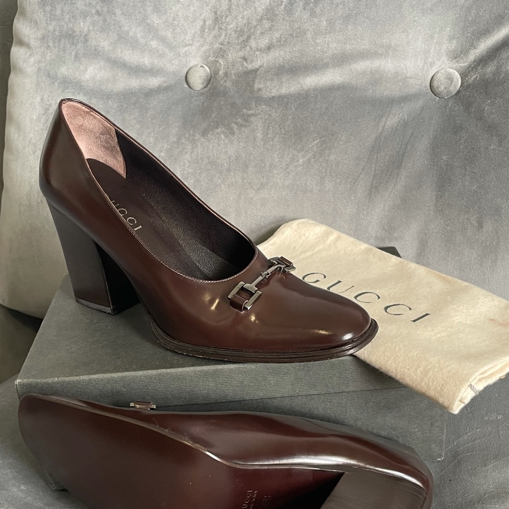 New Gucci Horsebit Brown Chunky Heels